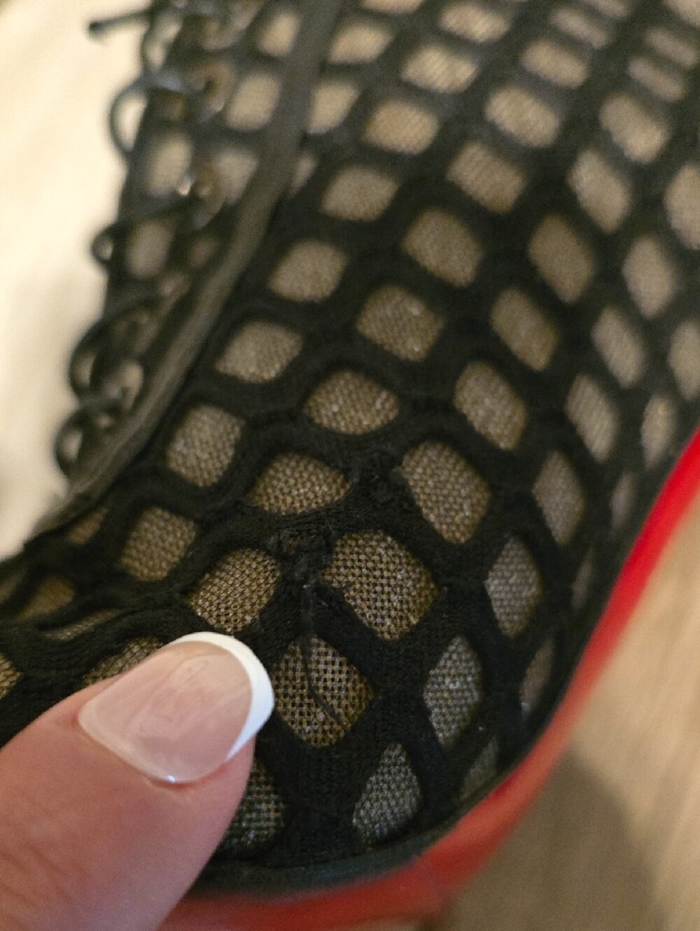 Christian Louboutin Black Mesh Lace-Up Peep-Toe 100 Heels Size (37-1/2) - Picture 13 of 15